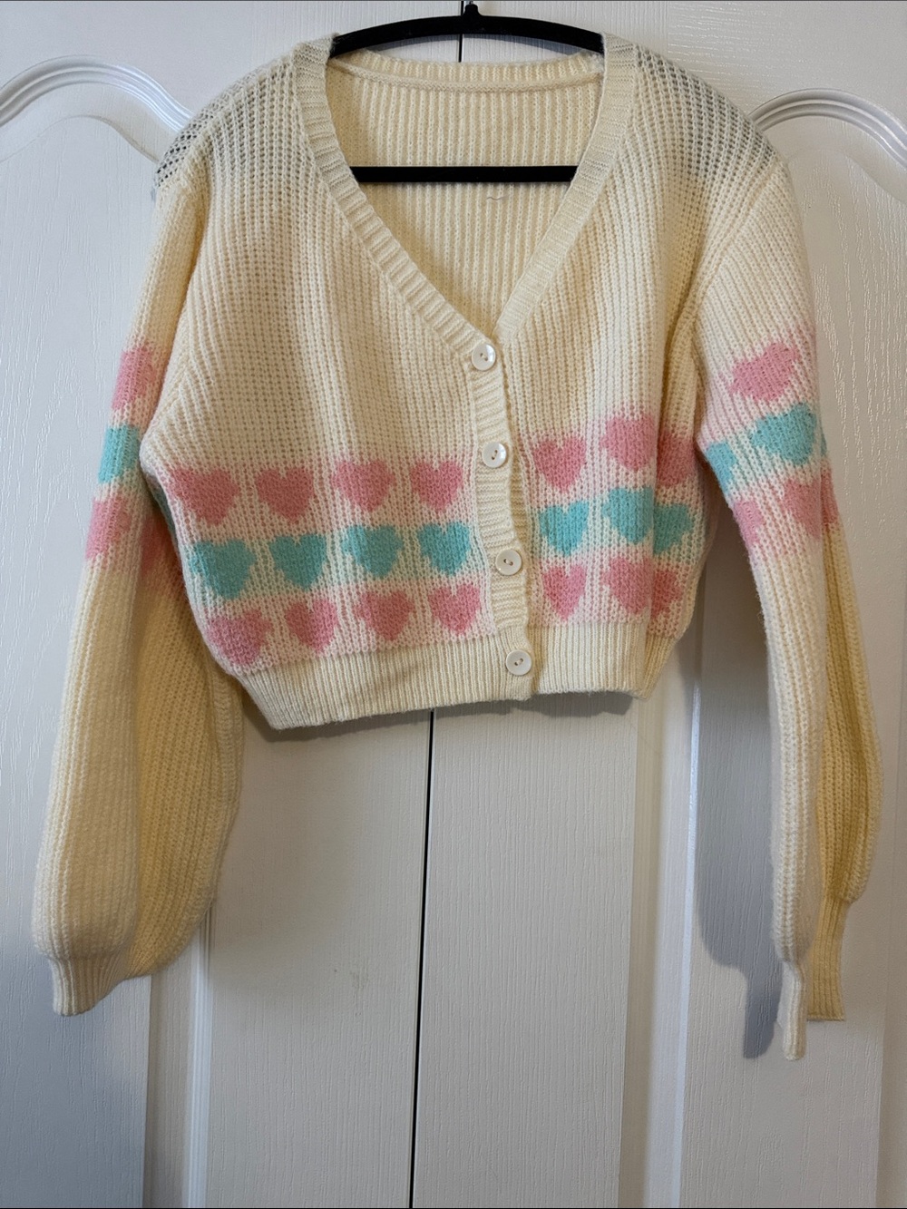 SHEIN Cream Cropped Cardigan with Pink & Teal Hearts
